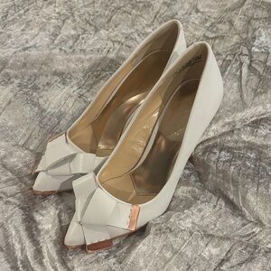 Jenn Ardor White Peep-Toe Wedge Heels with Bow Detail